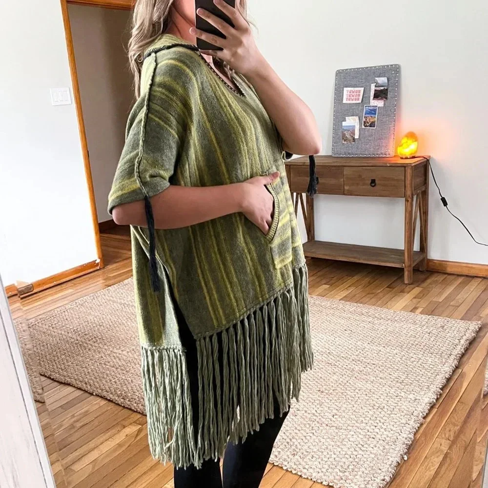 Raquel Allegra Wool Cashmere Knit Blend Fringe Bohemian Pullover Poncho Sweater